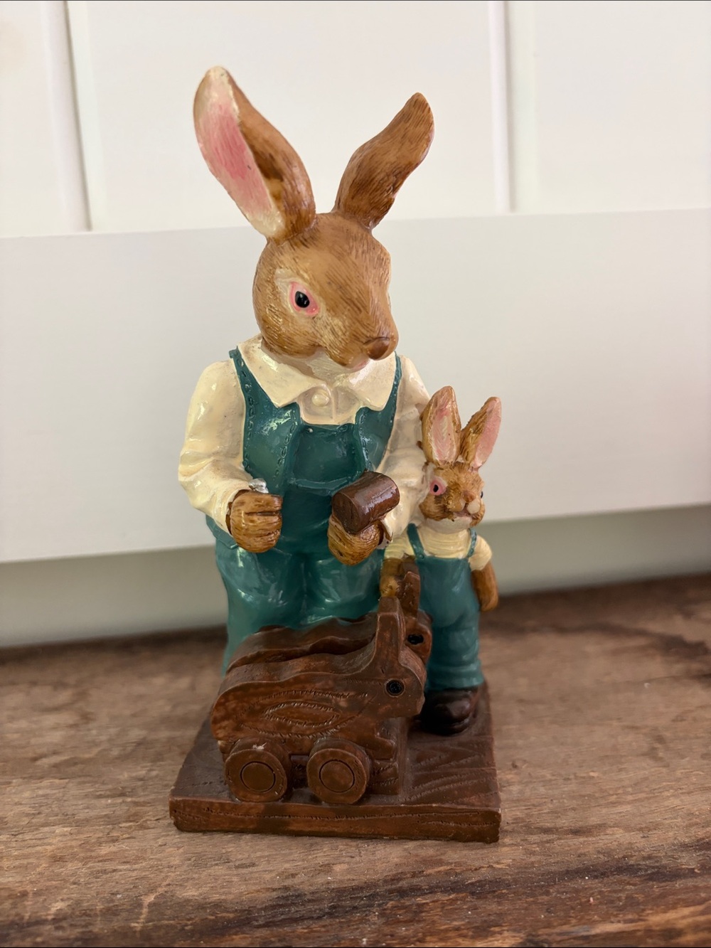 Vintage resin Bunny Figurine Set in Teal Overalls and Cream Shirts